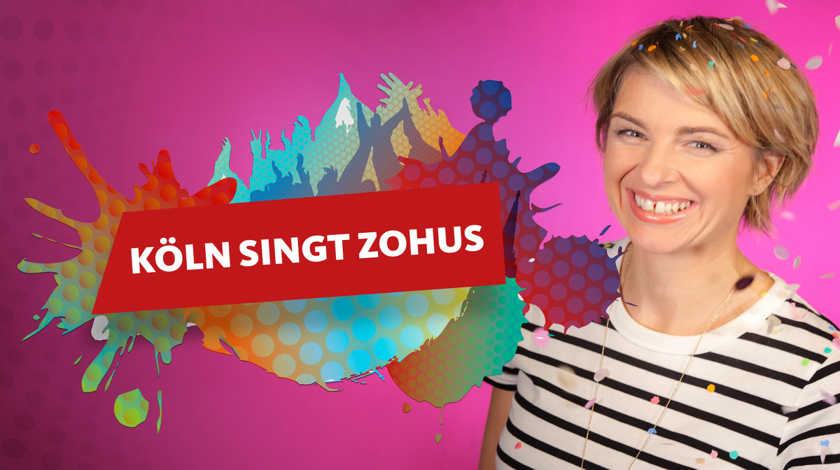 Moderatorin Sabine Heinrich und Logo der Sendung "KÖLN SINGT ZOHUS"